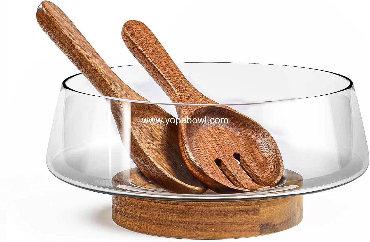 Wholesale Extra Large Glass Salad Bowl Set - Party Bowls with Acacia Wood Base and Serving Utensils - Elegant and Practical Kitchen Essential Factory