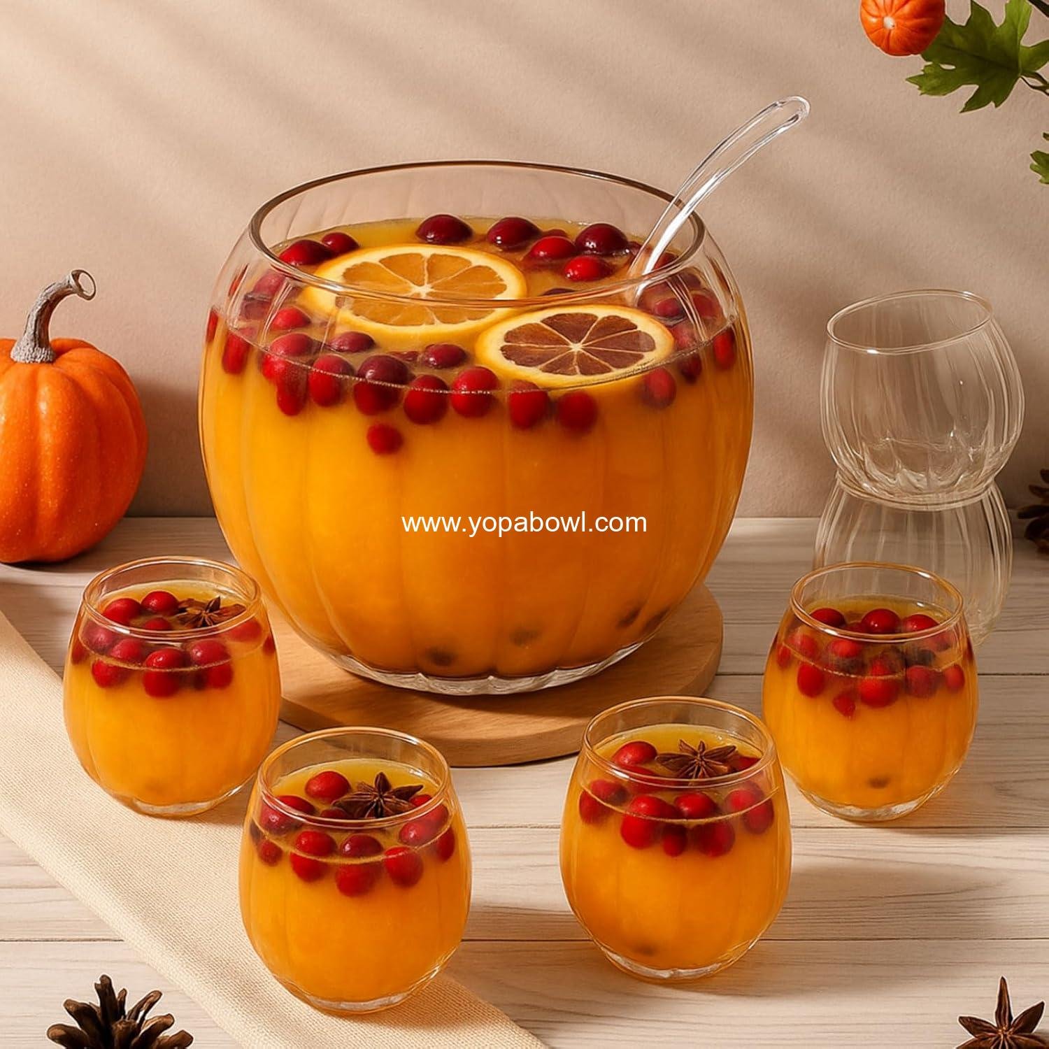 Wholesale Glass Fall Pumpkin Punch Bowl Set - 1 Large Bowl, 6 Cups, 1 Ladle for Thanksgiving, Halloween, Autumn Parties, Centerpiece Decoration Factory