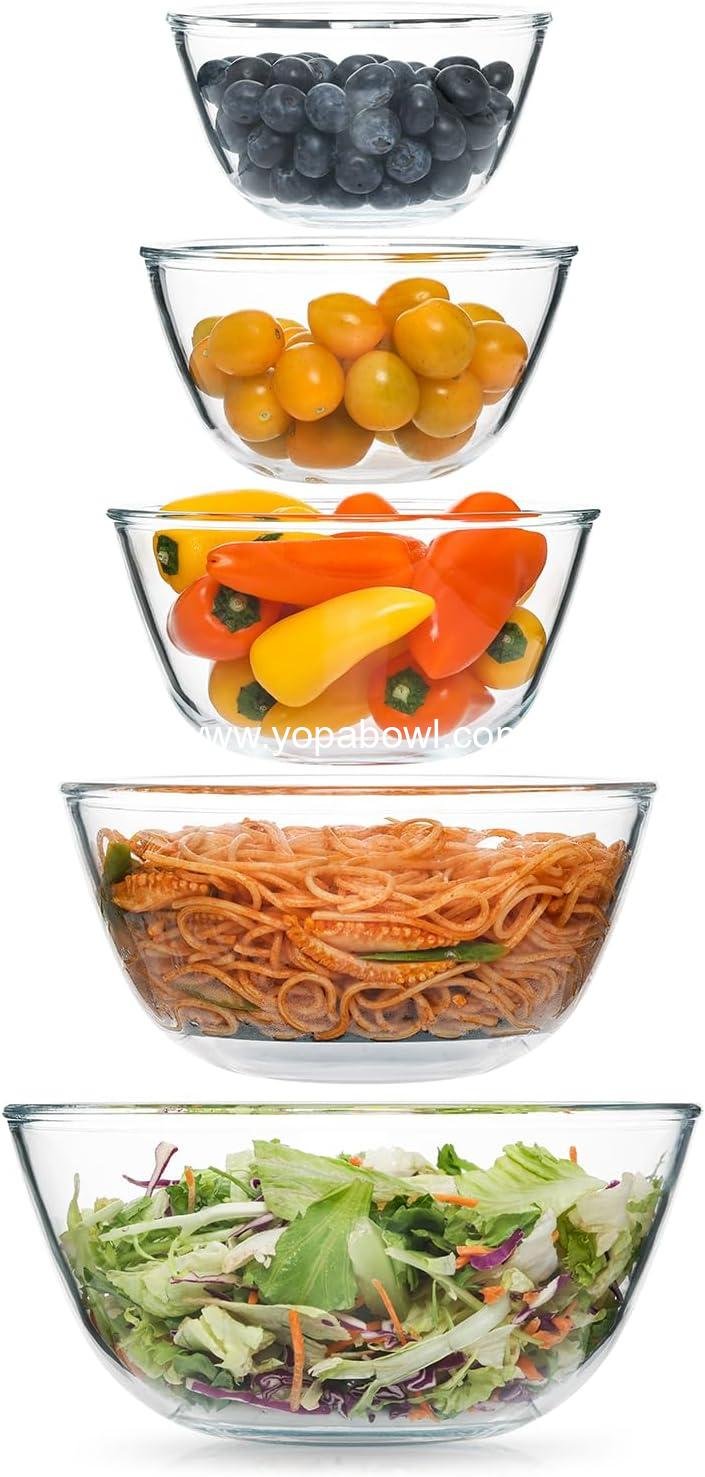 Wholesale Glass Mixing Bowls Set - 5 Piece (4.65QT, 2.80QT, 1.64QT, 1.16QT, 0.85QT) - Thick Nesting Kitchen Bowls for Baking, Cooking Prep, Storage, Large Salad Bowls - Dishwasher, Microwave, Freezer Safe Factory Wholesale Glass Mixing Bowls Set - 5 Piece (4.65QT, 2.80QT, 1.64QT, 1.16QT, 0.85QT) - Thick Nesting Kitchen Bowls for Baking, Cooking Prep, Storage, Large Salad Bowls - Dishwasher, Microwave, Freezer Safe Factory