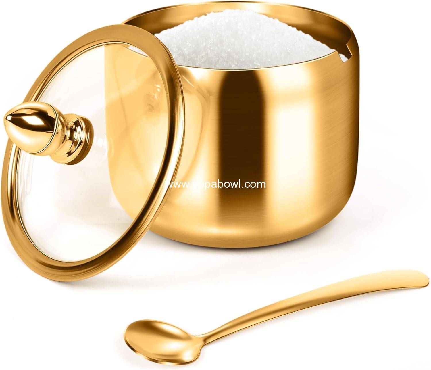 Wholesale Glass Sugar Container with Lid and Spoon - 10oz Gold Sugar Bowl for Coffee Stations, Kitchen Storage for Salt, Candy, Coffee Beans (Gold) Manufacturer Wholesale Glass Sugar Container with Lid and Spoon - 10oz Gold Sugar Bowl for Coffee Stations, Kitchen Storage for Salt, Candy, Coffee Beans (Gold) Manufacturer