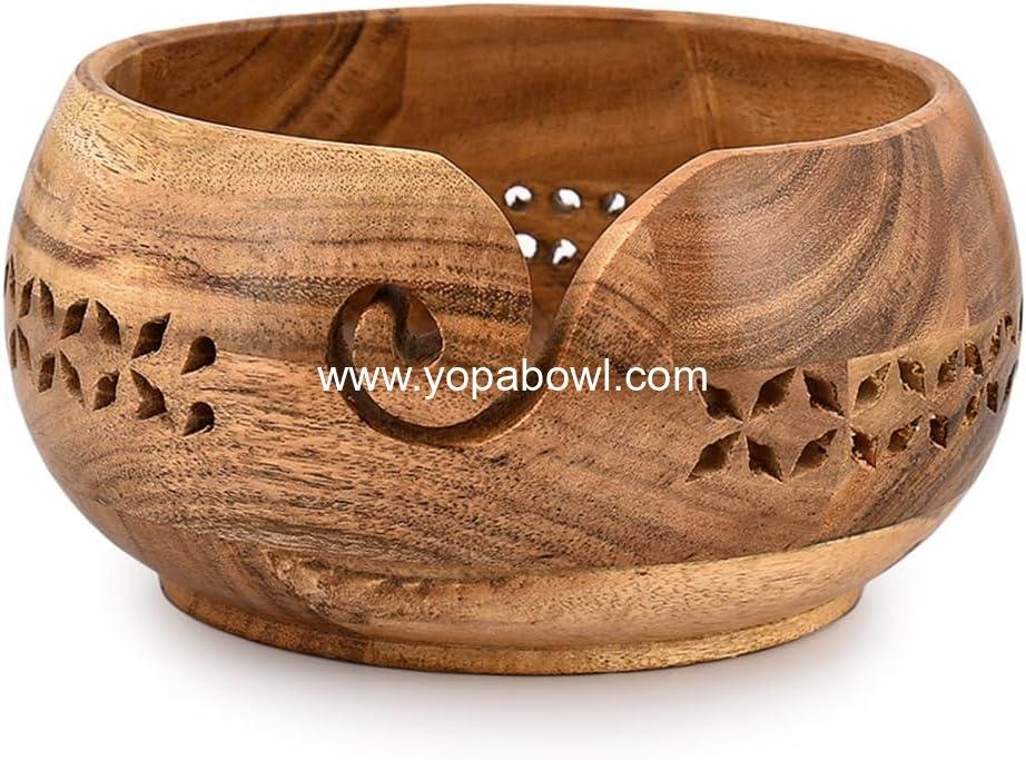 Wholesale Hand Carved Acacia Wood Yarn Bowl Holder for DIY Knitting and Crocheting Accessories (7