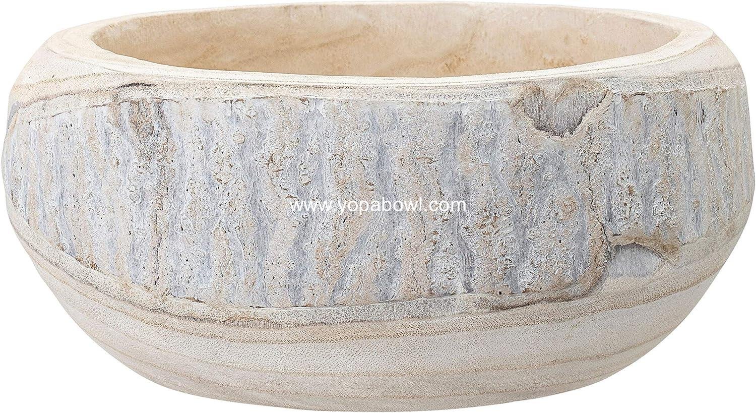 Wholesale Hand-Carved Paulownia Wood Bowl, Whitewashed, 10.5