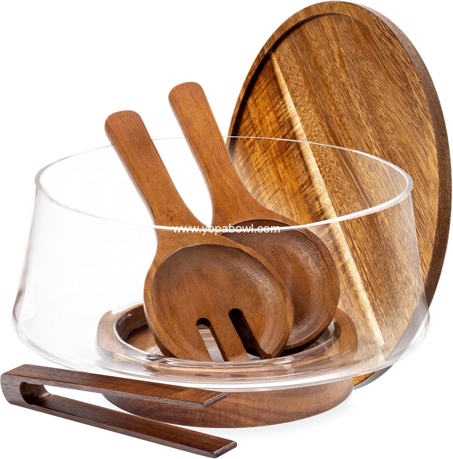 Wholesale Large Glass Salad Bowl Set with Lid, 5.7L Decorative Mixing and Trifle Bowl, Serving Bowl for Cheese Charcuterie, Includes Wooden Utensils - Factory