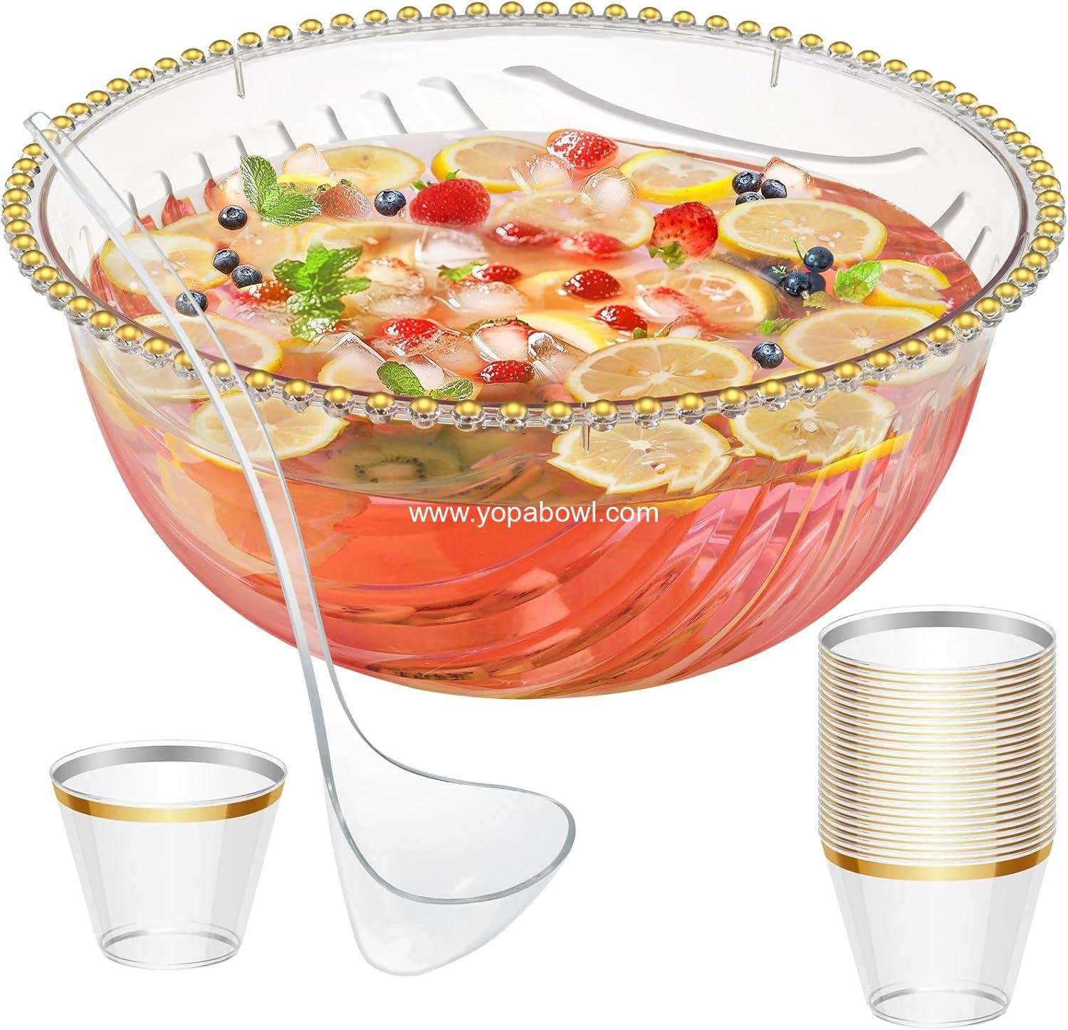 Wholesale Large Plastic Punch Bowl Set with Ladle and 25 Gold-Rimmed Cups for Weddings, Birthdays, BBQs, Baby Showers, and Holidays - 1.7 Gallon Reusable Clear Bowl for Drinks, Salads, and Snacks - Factory