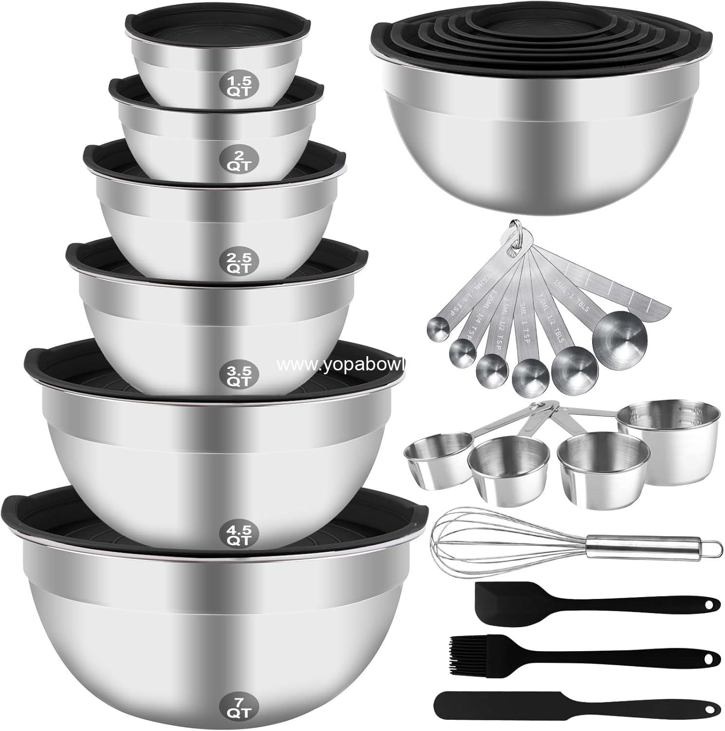 Wholesale Mixing Bowls Set, 27PCS Stainless Steel Bowls with Lids, Large Nesting Sizes: 7QT, 4.5QT, 3QT, 2.5QT, 2QT, 1.5QT, Includes Measuring Cups and Spoons, Metal Kitchen Utensils Factory
