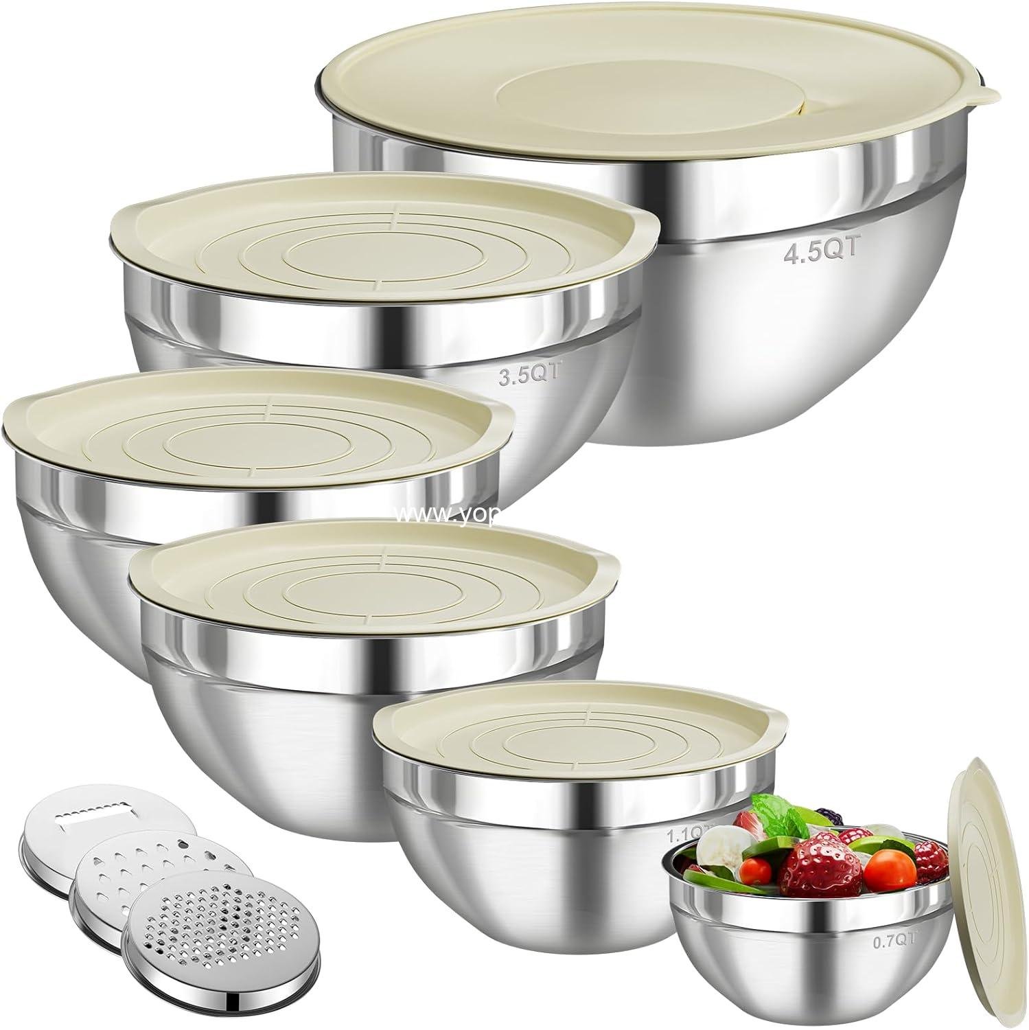 Wholesale Mixing Bowls with Lids Set - 6 PCS Stainless Steel Bowls with 3 Grater Attachments for Kitchen Food Storage, Nesting Design, Large Sizes: 4.5QT, 3.5QT, 2.1QT, 1.5QT, 1.1QT, 0.7QT - Factory