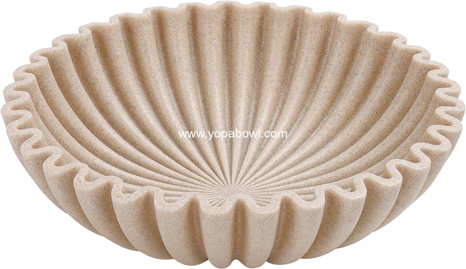 Wholesale Modern Decorative Bowl, Handcrafted Fruit Bowl for Kitchen Counter, Stylish Ruffle Decor and Key Bowl for Entry Table, Artificial Stone Beige, Factory