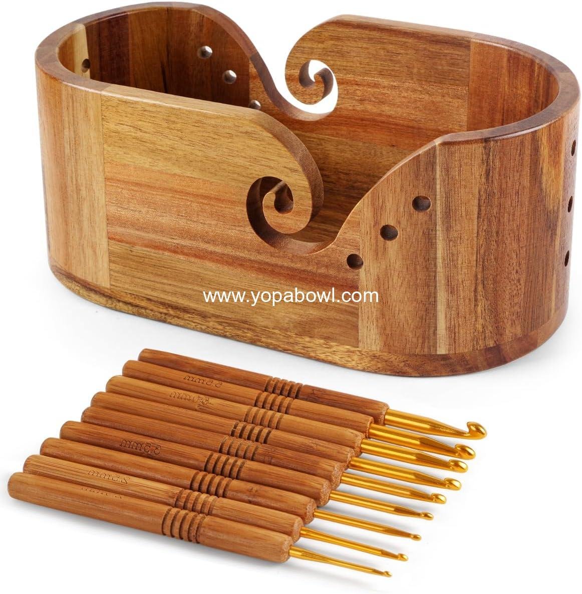 Wholesale Oval Yarn Bowl, Crochet Yarn Holder with 9 Knitting Hooks, Large Acacia Wooden Yarn Storage 11.3x5.9x4.7 inches for Crocheters, Factory
