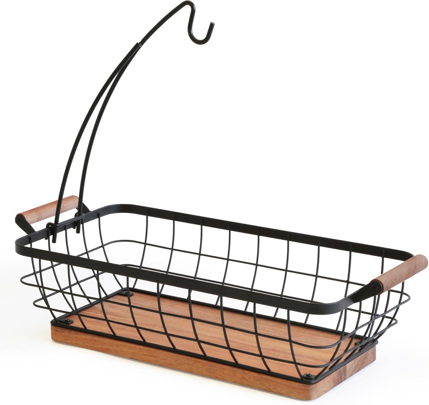 Wholesale Rectangular Fruit Basket with Banana Hanger, Metal Wire Bowl with Wooden Base, Kitchen Organizer, Black Fruit Bowl for Counter, Vegetable and Snack Storage, Factory