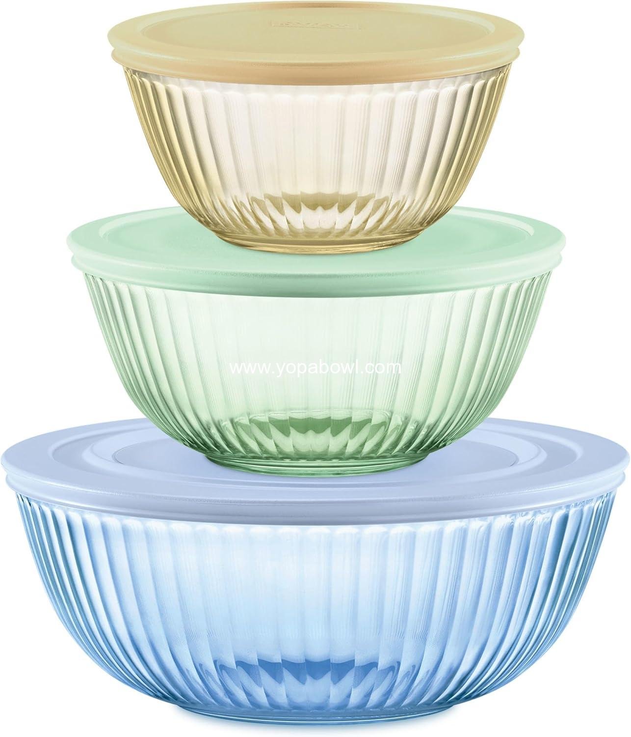 Wholesale Sculpted Tinted Glass Mixing Bowls Set (3-Pack) with Lids, Space-Saving Design for Prepping and Baking, Sizes: 1.3QT, 2.3QT, 4.5QT Factory Wholesale Sculpted Tinted Glass Mixing Bowls Set (3-Pack) with Lids, Space-Saving Design for Prepping and Baking, Sizes: 1.3QT, 2.3QT, 4.5QT Factory