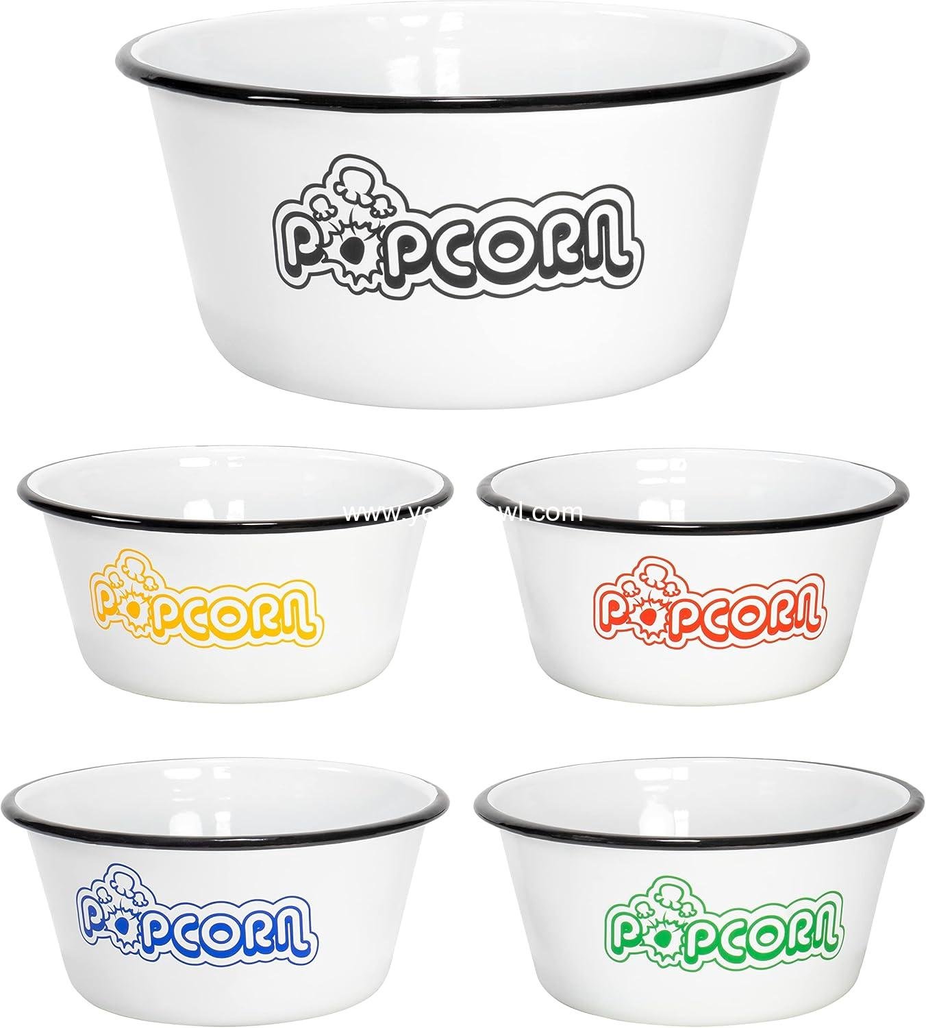 Wholesale Set of 5 White Enamelware Metal Classic 4 Quart and 1.2 Quart Popcorn Bowls with Assorted Color Prints and Black Rim Factory Wholesale Set of 5 White Enamelware Metal Classic 4 Quart and 1.2 Quart Popcorn Bowls with Assorted Color Prints and Black Rim Factory