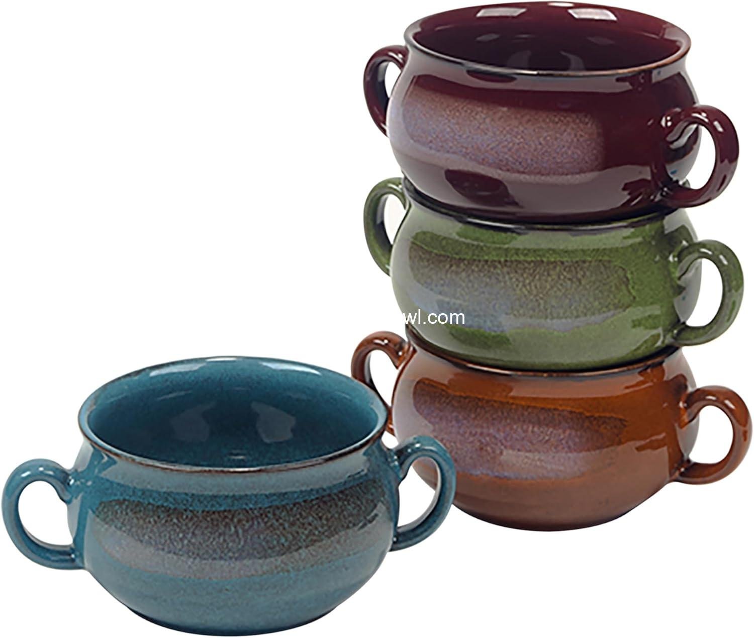 Wholesale Stoneware 24oz Reactive Glaze Soup Crocks Set of 4 - Ideal for soups, stews, casseroles, oven-safe, microwave- and dishwasher-friendly with easy-grip handles for serving. Factory. Wholesale Stoneware 24oz Reactive Glaze Soup Crocks Set of 4 - Ideal for soups, stews, casseroles, oven-safe, microwave- and dishwasher-friendly with easy-grip handles for serving. Factory.