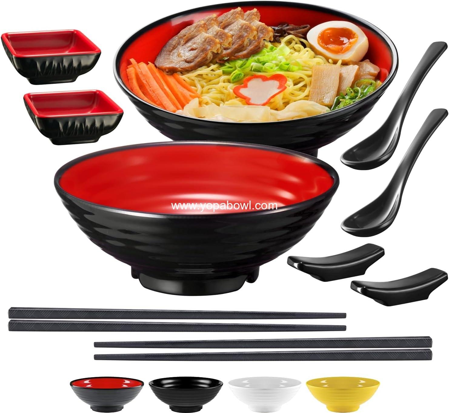 Wholesale Unbreakable Ramen Bowl Set with Chopsticks and Spoon - 2 Large Japanese Style Melamine Bowls, Dipping Bowls and Chopstick Stands for Asian Soups (Red-Black) - Factory