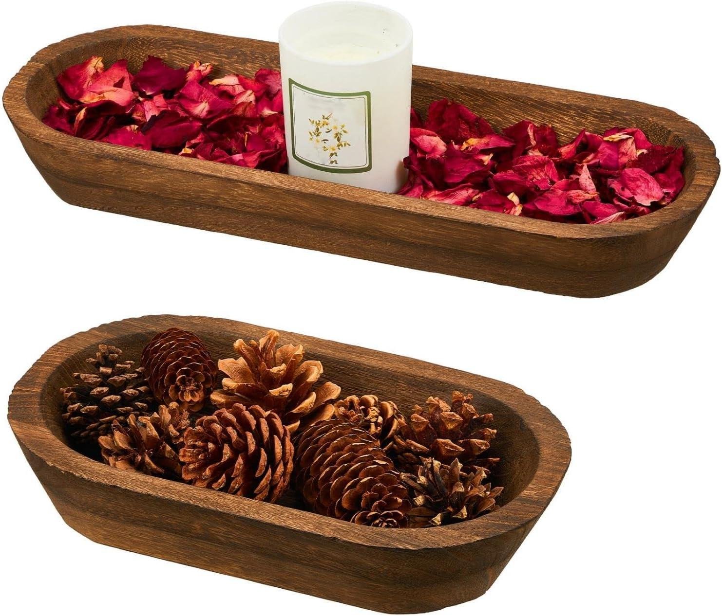 Wholesale Wooden Dough Bowl Set - Rustic Long Wood Bowls for Kitchen Dining Table Decoration, 10 x 6 x 2 Inch & 16 x 6 x 2 Inch, Brown - Factory