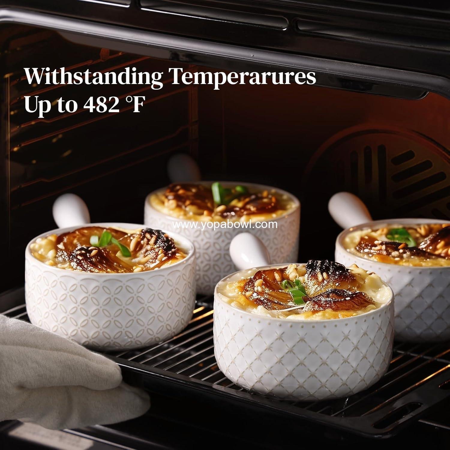 Wholesale 18 Oz French Onion Soup Bowls with Handles - Oven Safe, Stackable Ceramic Crocks for Chili and Beef Stew - Microwave & Dishwasher Safe - Set of 4 Manufacturer