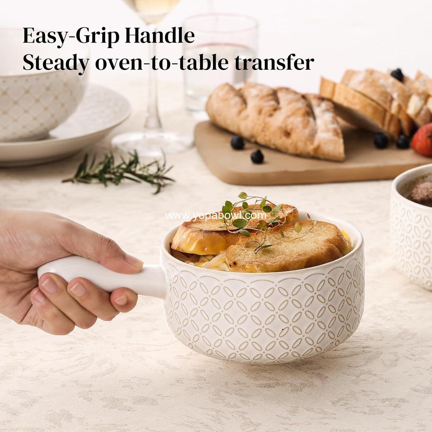 Wholesale 18 Oz French Onion Soup Bowls with Handles - Oven Safe, Stackable Ceramic Crocks for Chili and Beef Stew - Microwave & Dishwasher Safe - Set of 4 Manufacturer