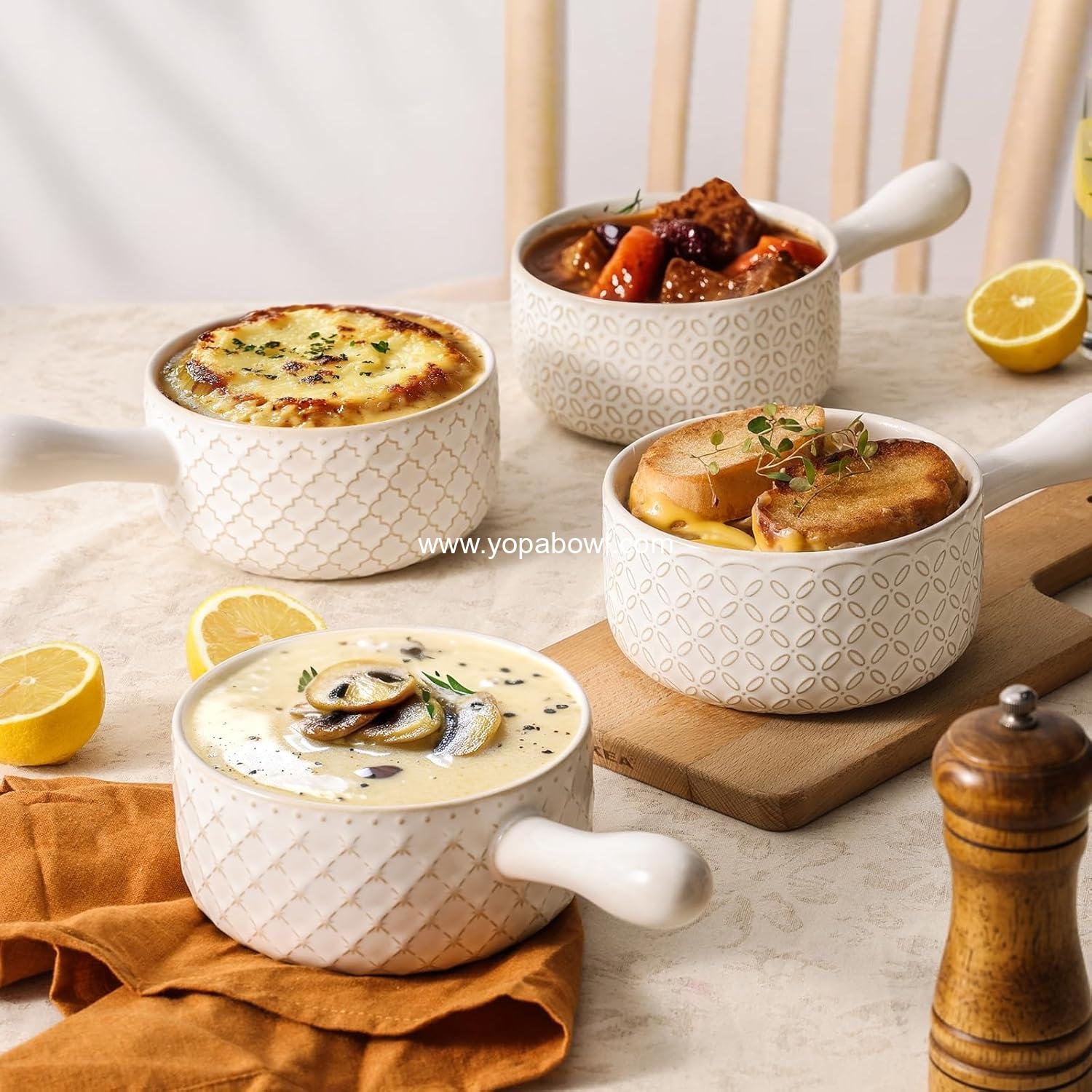 Wholesale 18 Oz French Onion Soup Bowls with Handles - Oven Safe, Stackable Ceramic Crocks for Chili and Beef Stew - Microwave & Dishwasher Safe - Set of 4 Manufacturer