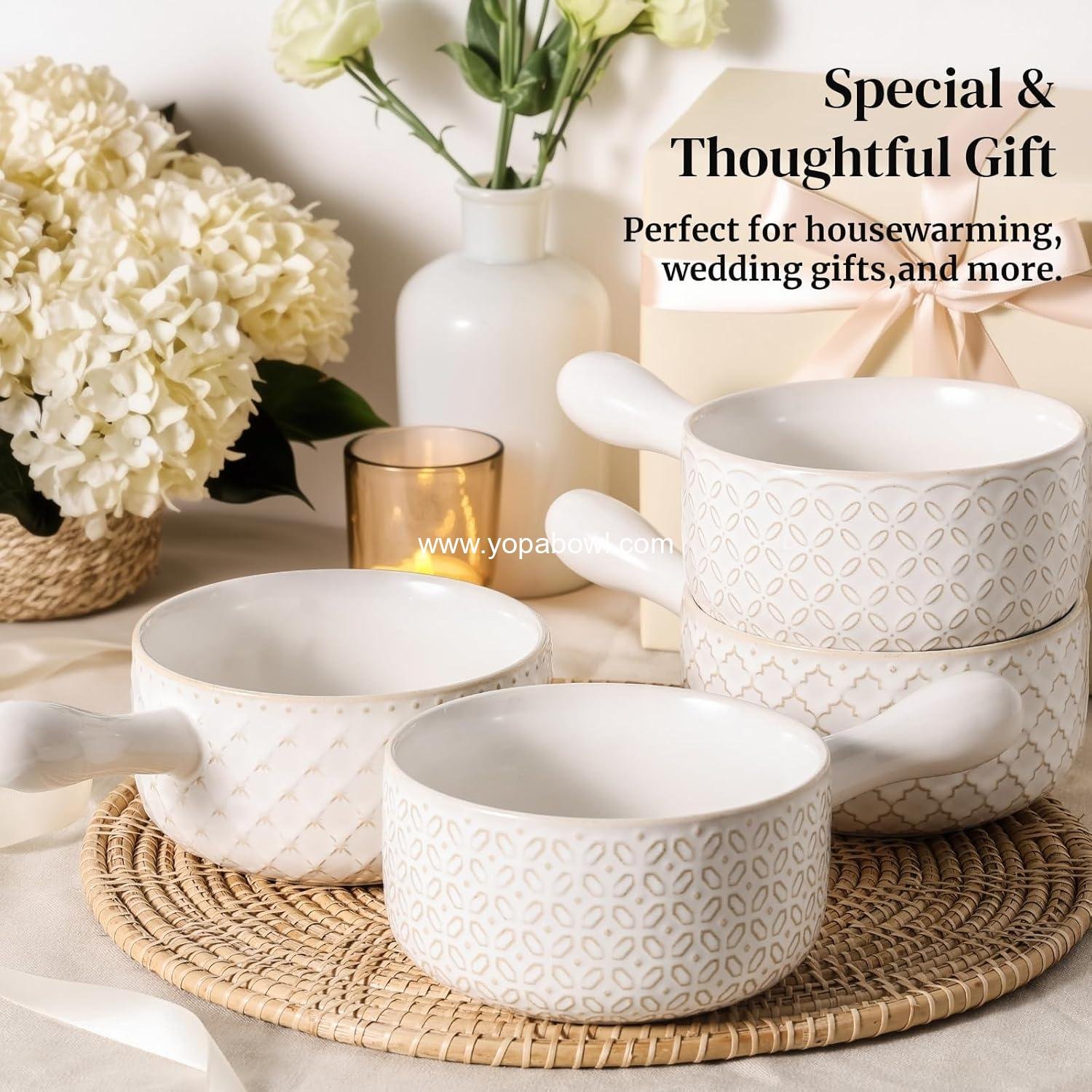 Wholesale 18 Oz French Onion Soup Bowls with Handles - Oven Safe, Stackable Ceramic Crocks for Chili and Beef Stew - Microwave & Dishwasher Safe - Set of 4 Manufacturer