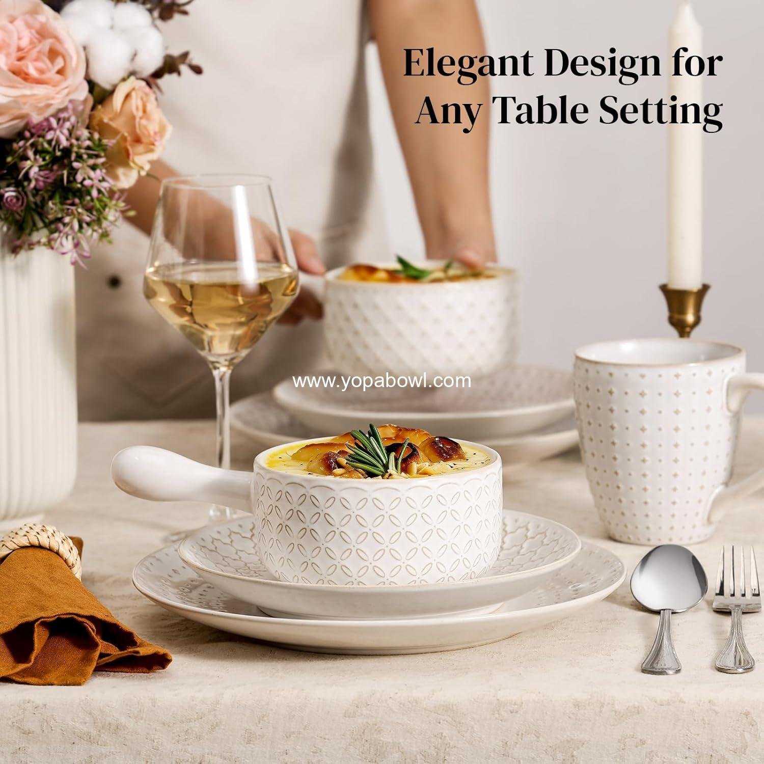 Wholesale 18 Oz French Onion Soup Bowls with Handles - Oven Safe, Stackable Ceramic Crocks for Chili and Beef Stew - Microwave & Dishwasher Safe - Set of 4 Manufacturer