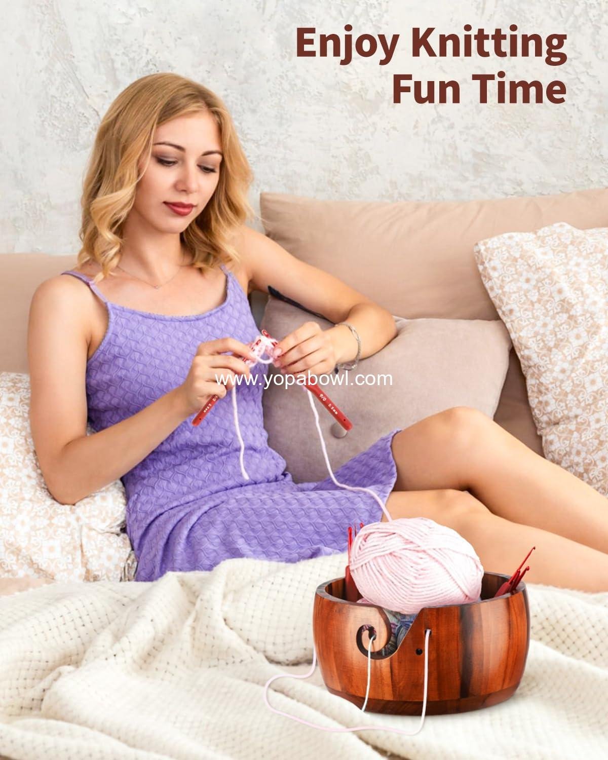 Wholesale Large Yarn Bowl Holder 8.7'' with 9 Crochet Hooks, Wooden Yarn Dispenser and Storage for Crocheters and Knitters Factory