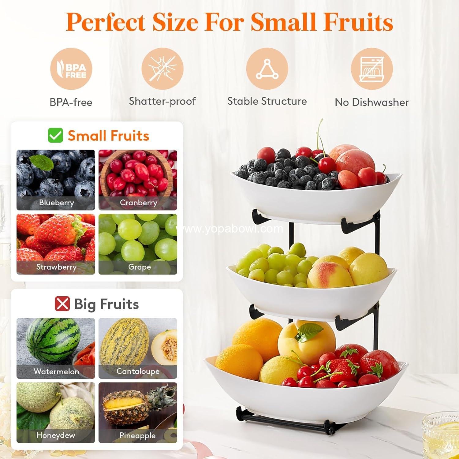 Wholesale 3-Tier Plastic Fruit Bowl Basket for Kitchen Countertop with Black Metal Stand - Serving Tray for Food, Vegetables, Cakes, Desserts at Party Factory