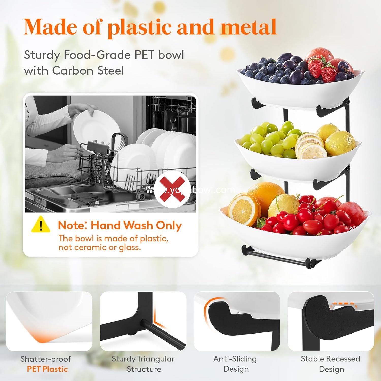 Wholesale 3-Tier Plastic Fruit Bowl Basket for Kitchen Countertop with Black Metal Stand - Serving Tray for Food, Vegetables, Cakes, Desserts at Party Factory