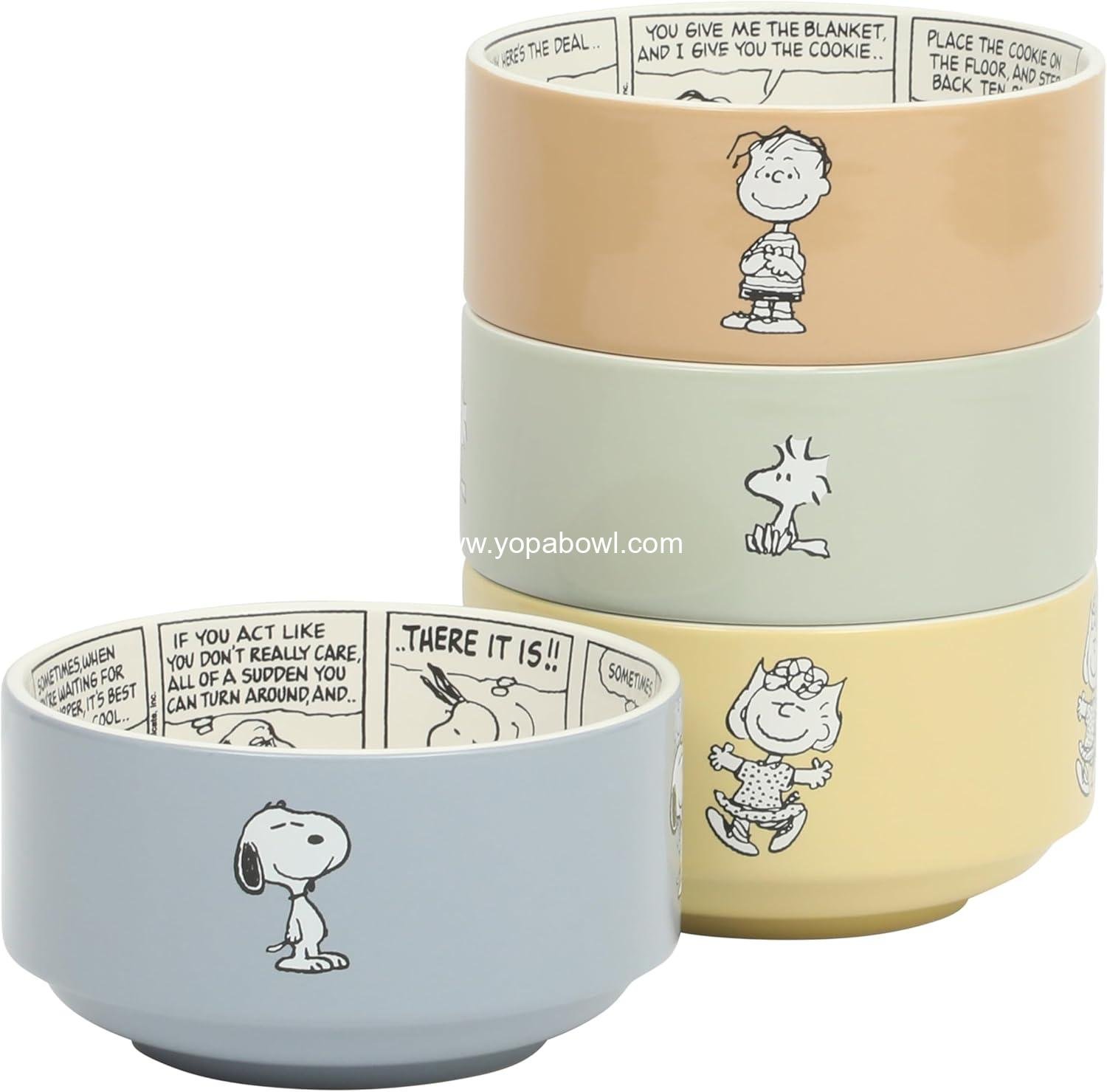 Peanuts Snoopy Bonbon Bites 4-Piece 5.5-Inch Decorated Stoneware Ceramic Stackable Bowl Set, Microwave & Dishwasher Safe Snack and Dessert Bowls