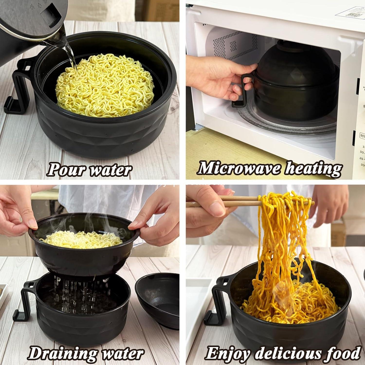 Wholesale 2 Sets Microwave Ramen Bowl Set, Black Noodle Bowl with Lid, Includes Spoon, Chopsticks, and Fork for Home and Office Factory