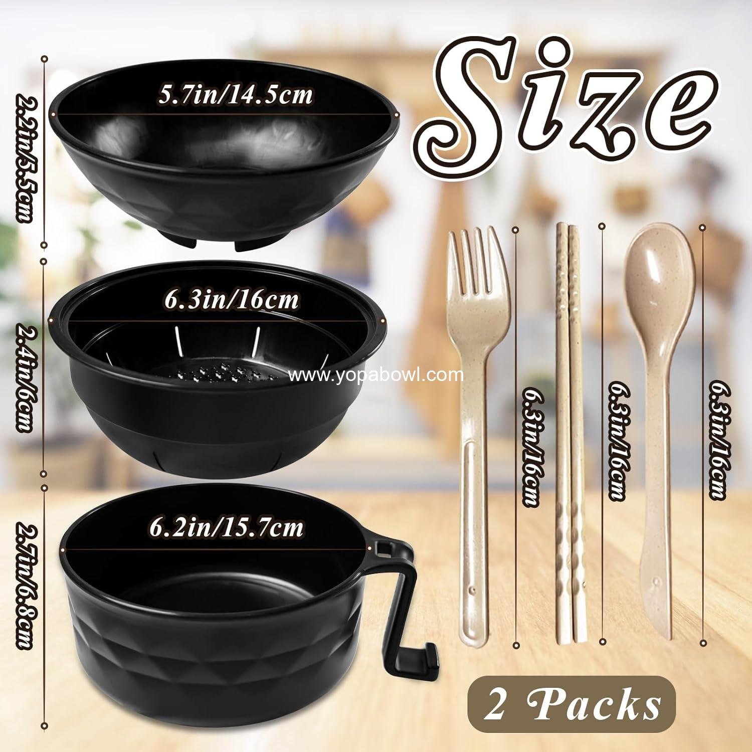 Wholesale 2 Sets Microwave Ramen Bowl Set, Black Noodle Bowl with Lid, Includes Spoon, Chopsticks, and Fork for Home and Office Factory