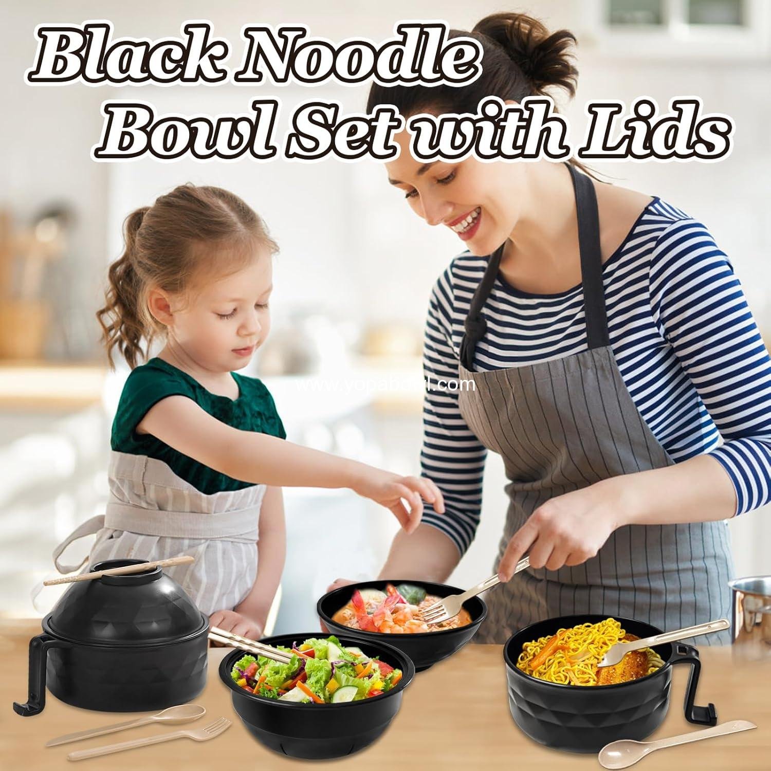 Wholesale 2 Sets Microwave Ramen Bowl Set, Black Noodle Bowl with Lid, Includes Spoon, Chopsticks, and Fork for Home and Office Factory