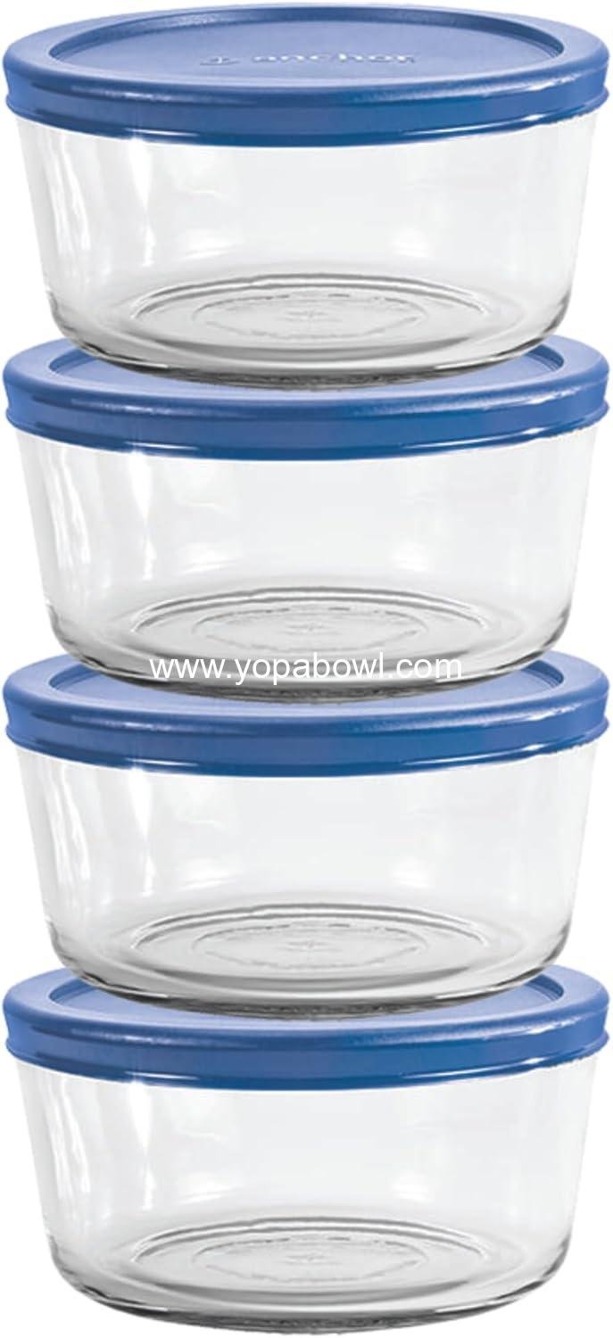 Anchor Hocking 2 Cup Glass Storage Containers with Lids, Set of 4 Glass Food Storage Containers with Blueberry SnugFit Lids