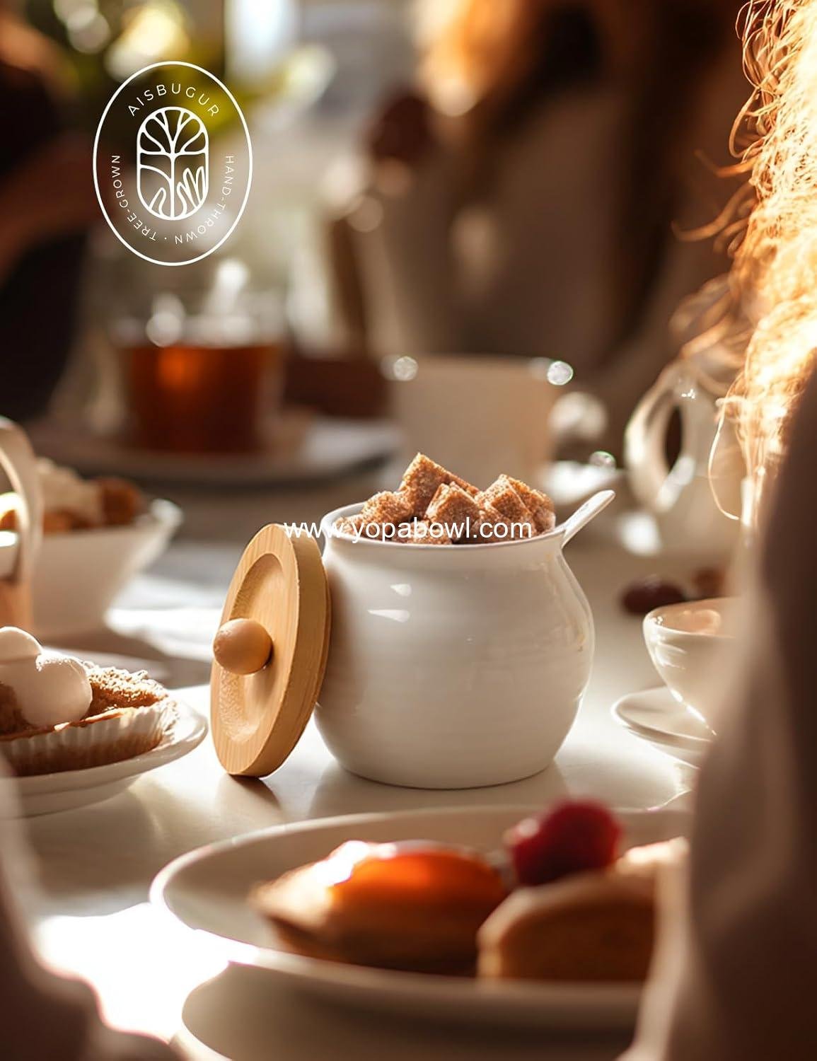 Wholesale 13oz Sugar Bowl with Lid and Spoon - Ceramic Sugar Jar with Bamboo Lid for Coffee Bar Countertop Kitchen Decor - Factory