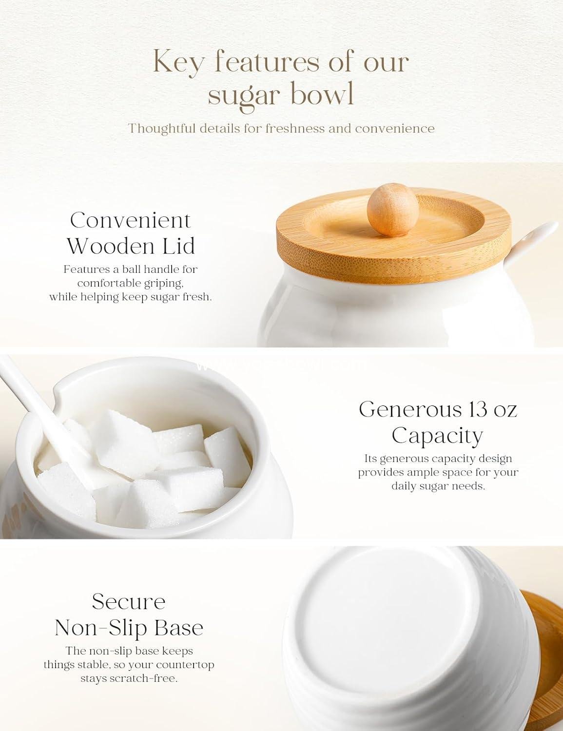 Wholesale 13oz Sugar Bowl with Lid and Spoon - Ceramic Sugar Jar with Bamboo Lid for Coffee Bar Countertop Kitchen Decor - Factory