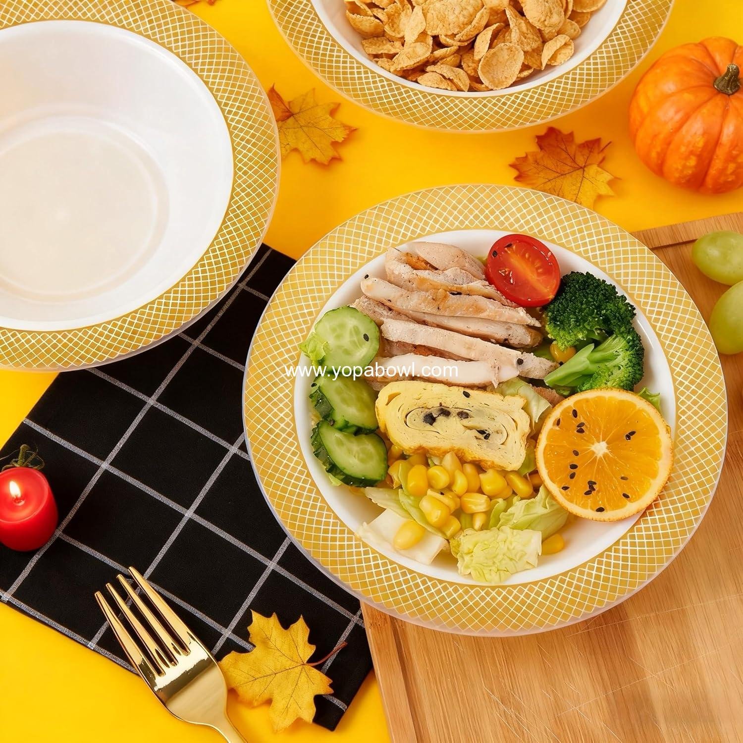 Wholesale 100 Disposable 12oz Heavy Duty Plastic Bowls with Gold Rim for Parties, Dinners, Catering, Thanksgiving, and Everyday Use - Factory Wholesale 100 Disposable 12oz Heavy Duty Plastic Bowls with Gold Rim for Parties, Dinners, Catering, Thanksgiving, and Everyday Use - Factory