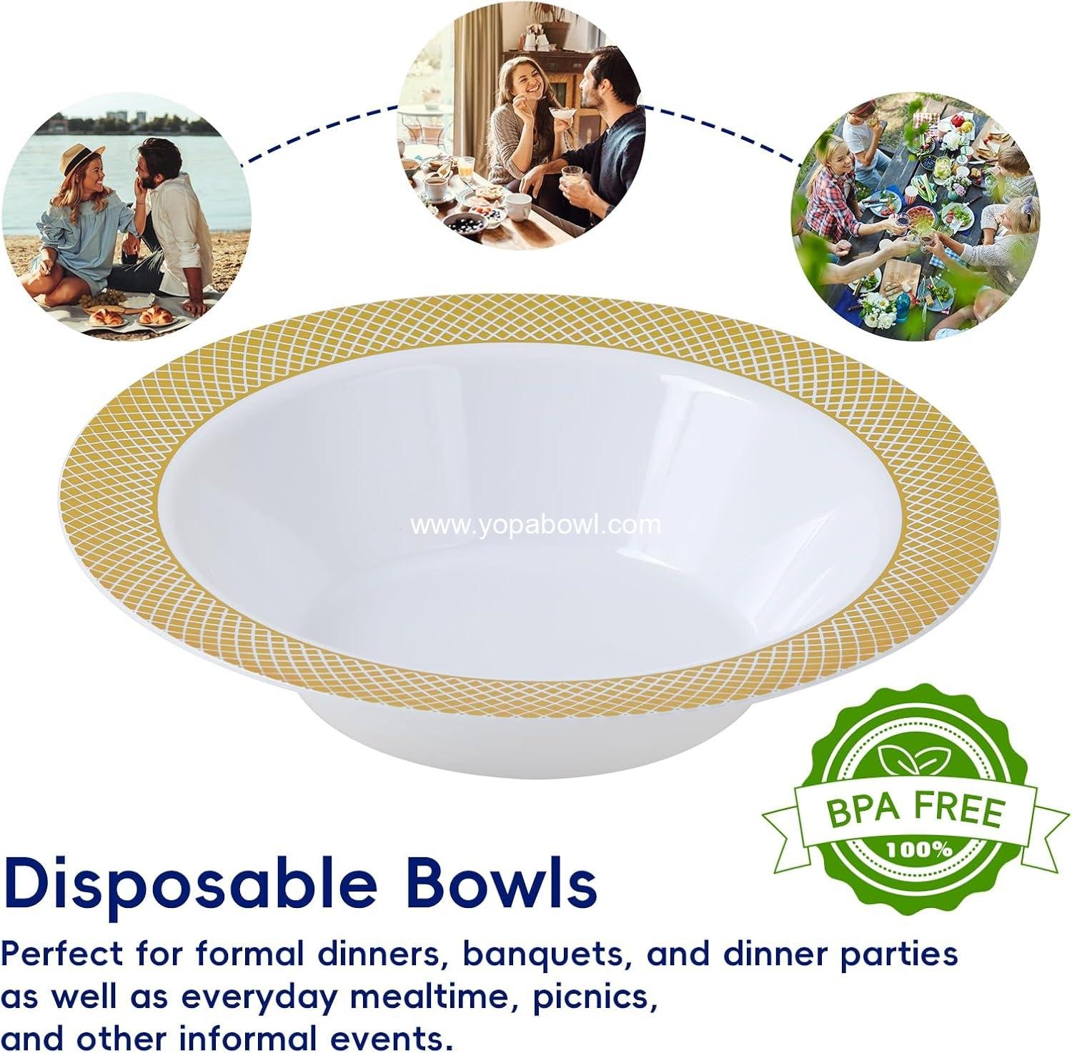 Wholesale 100 Disposable 12oz Heavy Duty Plastic Bowls with Gold Rim for Parties, Dinners, Catering, Thanksgiving, and Everyday Use - Factory Wholesale 100 Disposable 12oz Heavy Duty Plastic Bowls with Gold Rim for Parties, Dinners, Catering, Thanksgiving, and Everyday Use - Factory
