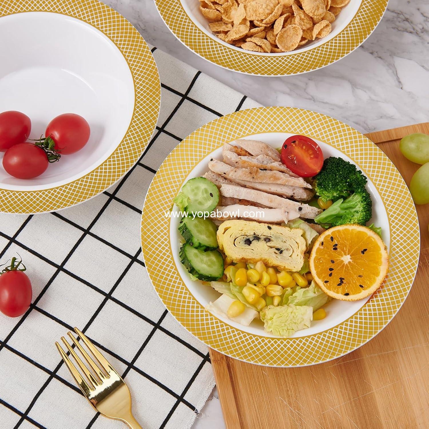 Wholesale 100 Disposable 12oz Heavy Duty Plastic Bowls with Gold Rim for Parties, Dinners, Catering, Thanksgiving, and Everyday Use - Factory Wholesale 100 Disposable 12oz Heavy Duty Plastic Bowls with Gold Rim for Parties, Dinners, Catering, Thanksgiving, and Everyday Use - Factory