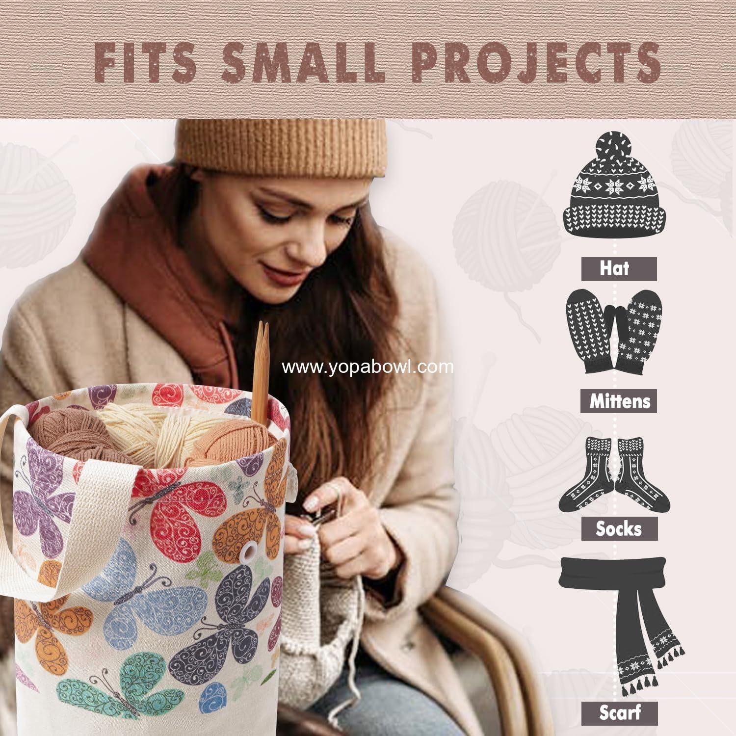 Wholesale Portable Yarn Bag for Knitting and Crochet Projects, Medium Butterfly Yarn Storage Organizer for Skein Ball and Short Needles - Manufacturer