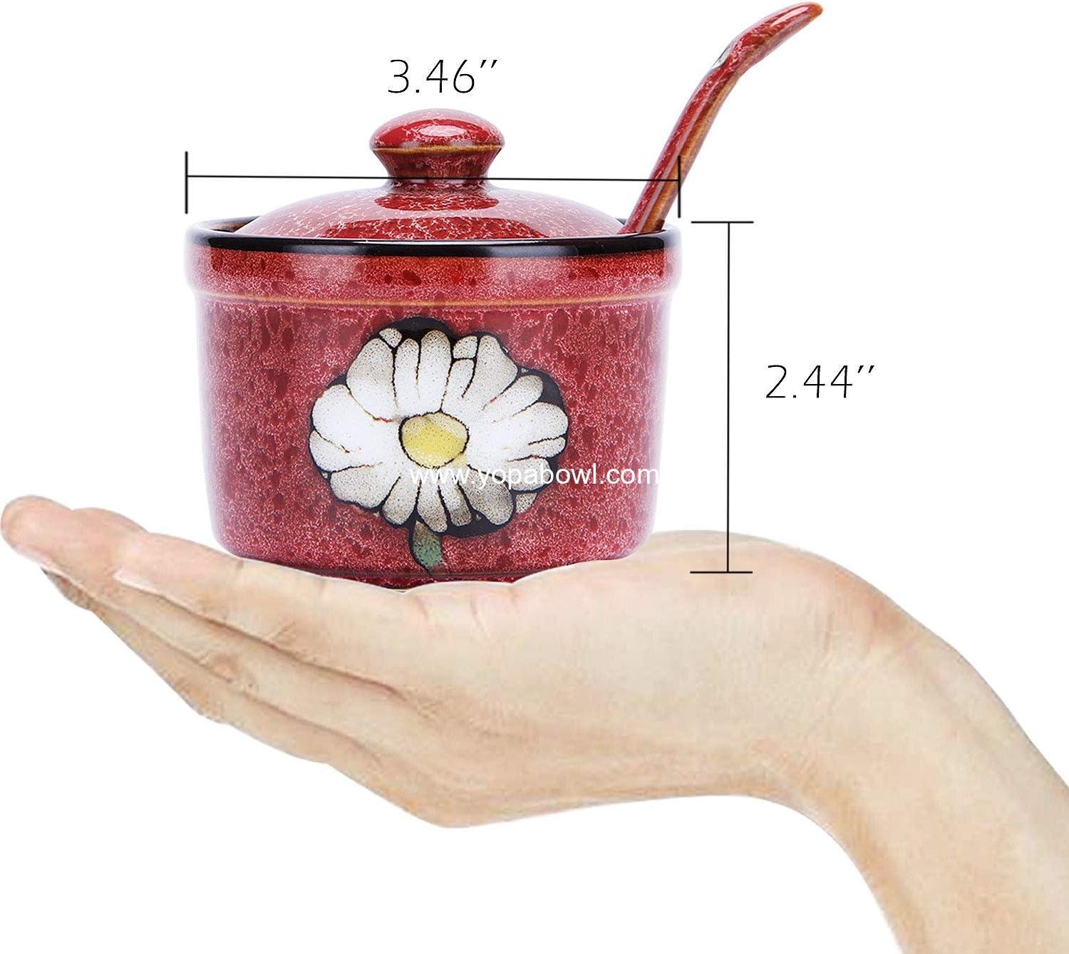 Wholesale Hand Painted Flower Ceramic Round Sugar Bowl and Spice Container with Spoon, Porcelain Condiment Jar, Factory