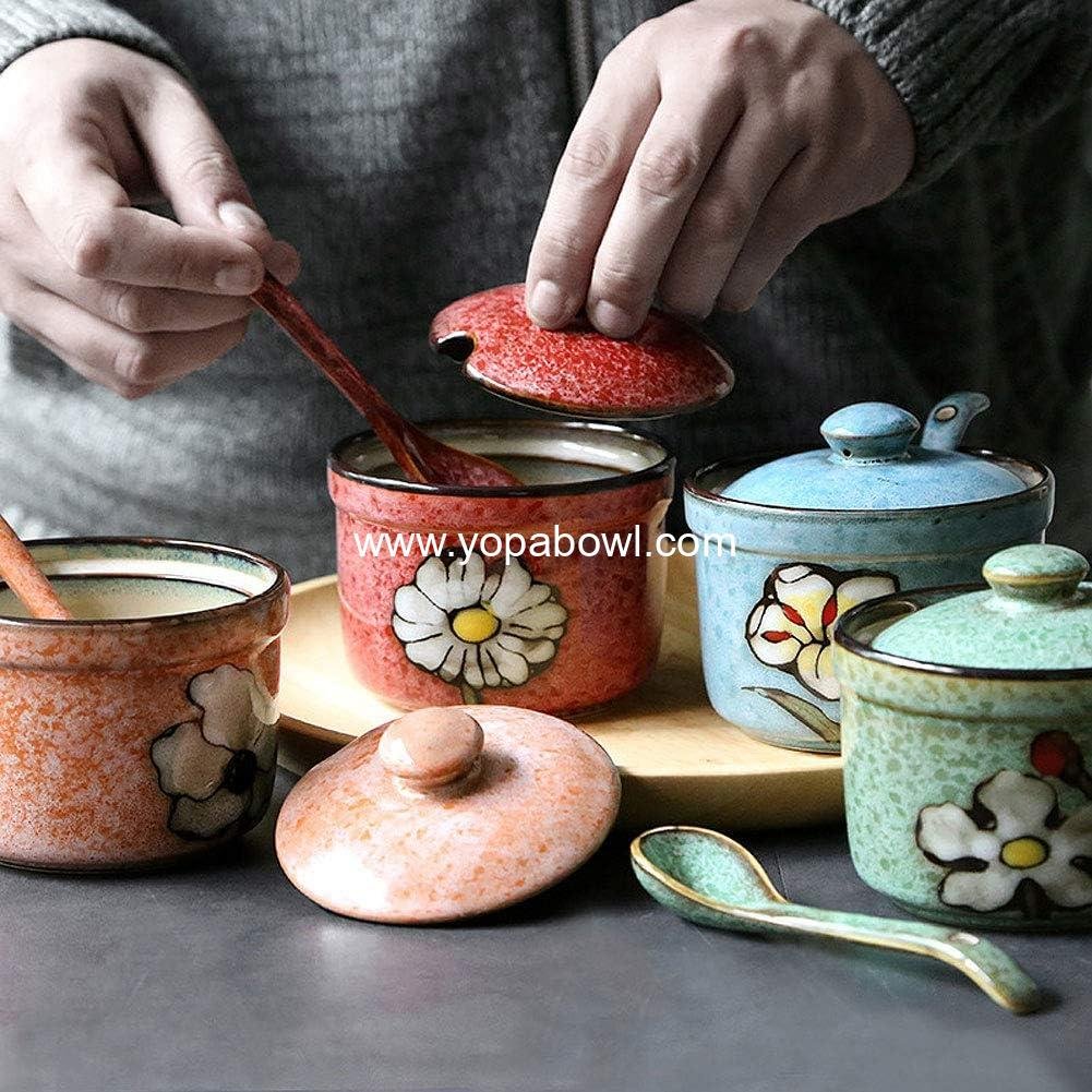 Wholesale Hand Painted Flower Ceramic Round Sugar Bowl and Spice Container with Spoon, Porcelain Condiment Jar, Factory