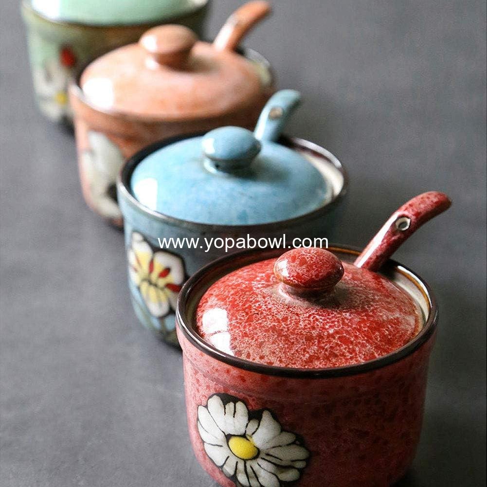 Wholesale Hand Painted Flower Ceramic Round Sugar Bowl and Spice Container with Spoon, Porcelain Condiment Jar, Factory