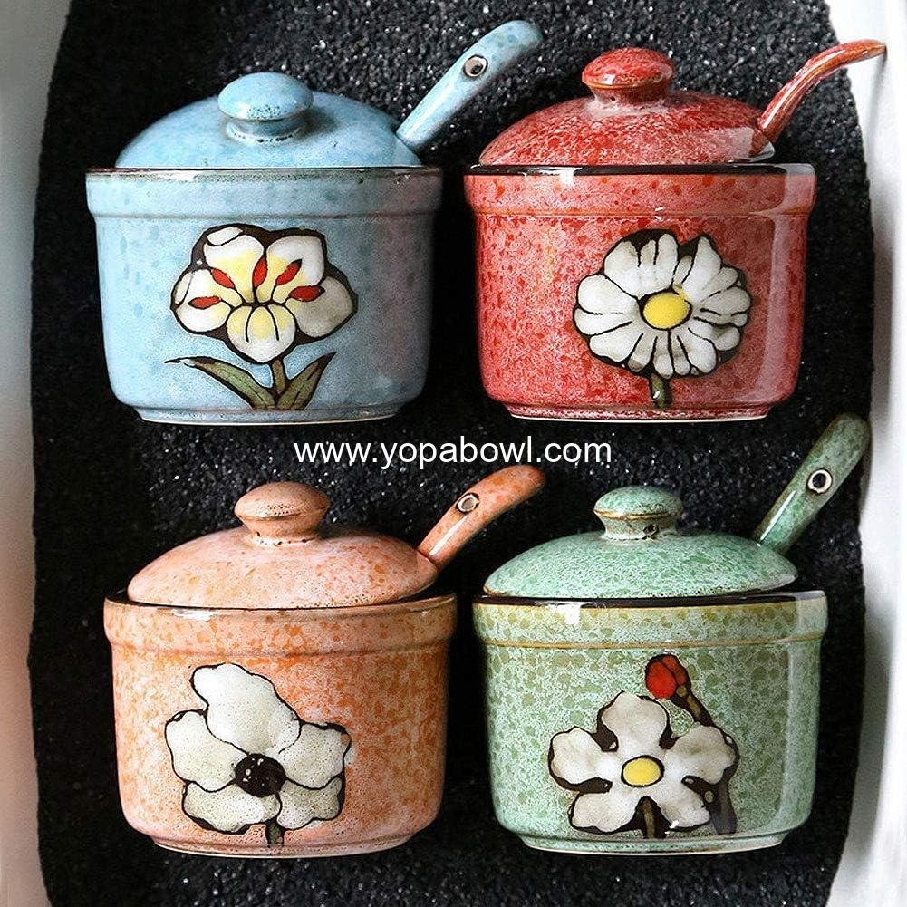 Wholesale Hand Painted Flower Ceramic Round Sugar Bowl and Spice Container with Spoon, Porcelain Condiment Jar, Factory
