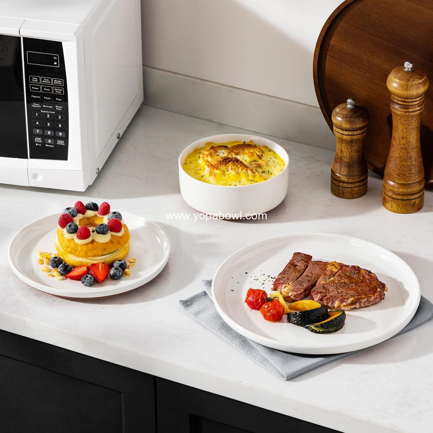 OEM 12-Piece Modern Stoneware Dinnerware Set for 4, Microwave and Dishwasher Safe White Ceramic Plates and Bowls, Series TARA Factory