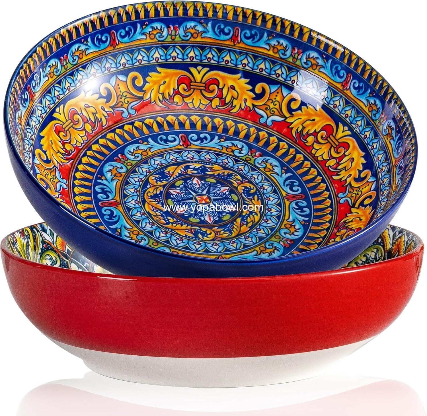 Red & Blue Large Serving Bowls Set of 2, Bohemian Style 10" Large Ceramic Bowls for Entertaining and Party, Bowls for Pasta Soup Fruit Ramen Cereal, Dishwasher Oven Safe