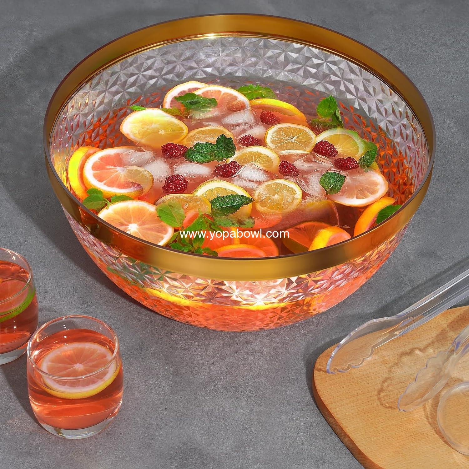 Wholesale Plastic Punch Bowl Set with Ladle and Tong, 1.4 Gallon Gold Trim Clear Beverage Serving Bowl for Cocktails, Salads, and Snacks, Easy to Clean Manufacturer
