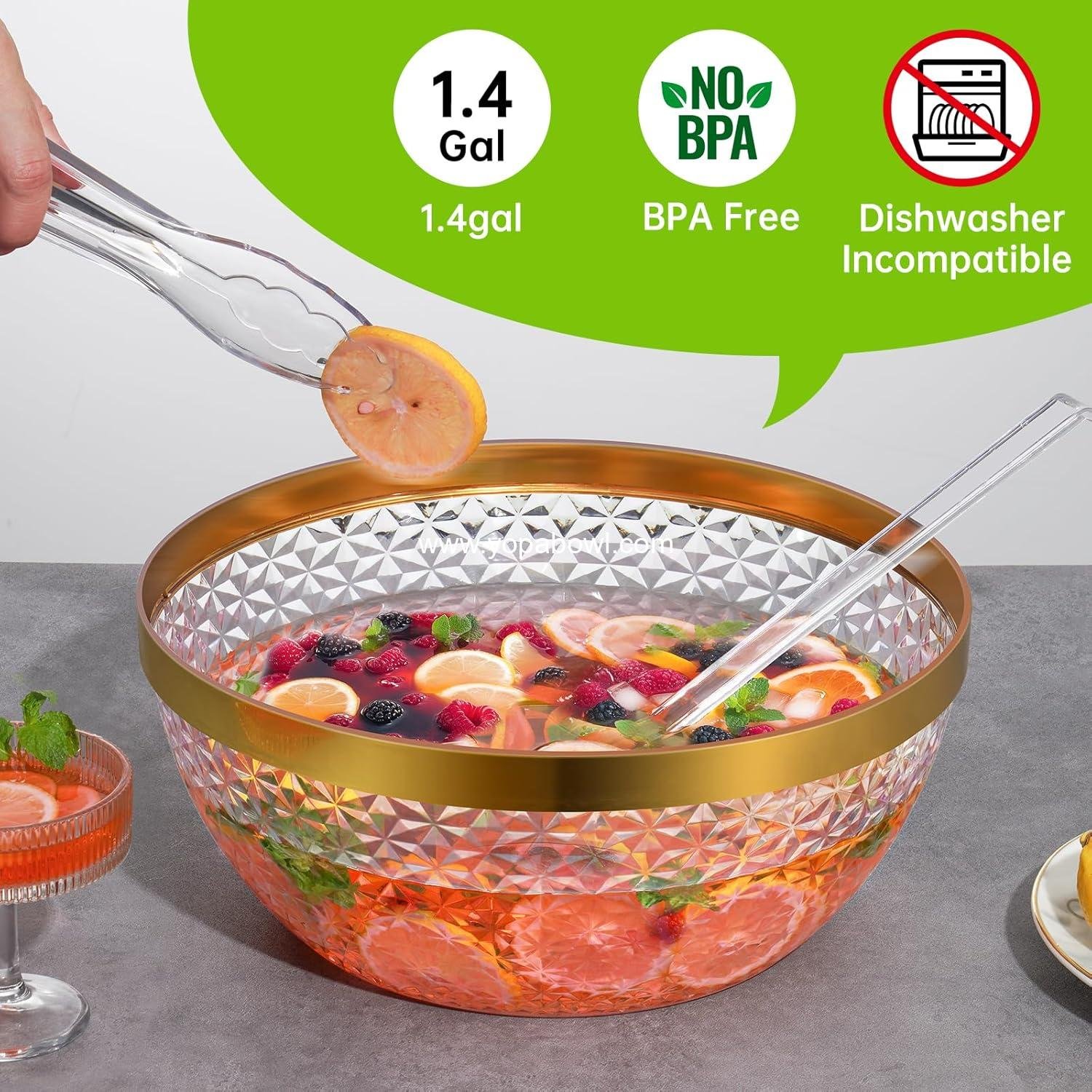 Wholesale Plastic Punch Bowl Set with Ladle and Tong, 1.4 Gallon Gold Trim Clear Beverage Serving Bowl for Cocktails, Salads, and Snacks, Easy to Clean Manufacturer
