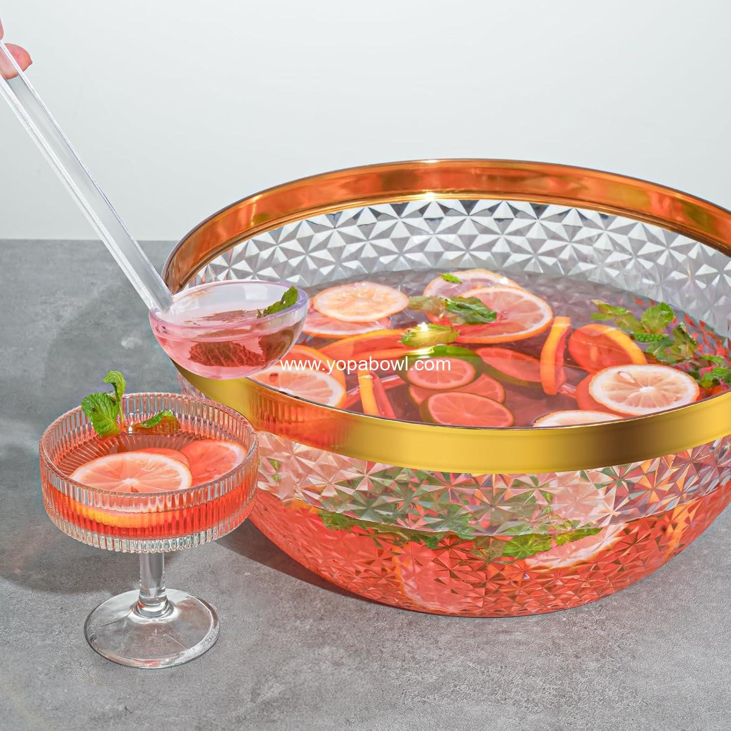 Wholesale Plastic Punch Bowl Set with Ladle and Tong, 1.4 Gallon Gold Trim Clear Beverage Serving Bowl for Cocktails, Salads, and Snacks, Easy to Clean Manufacturer
