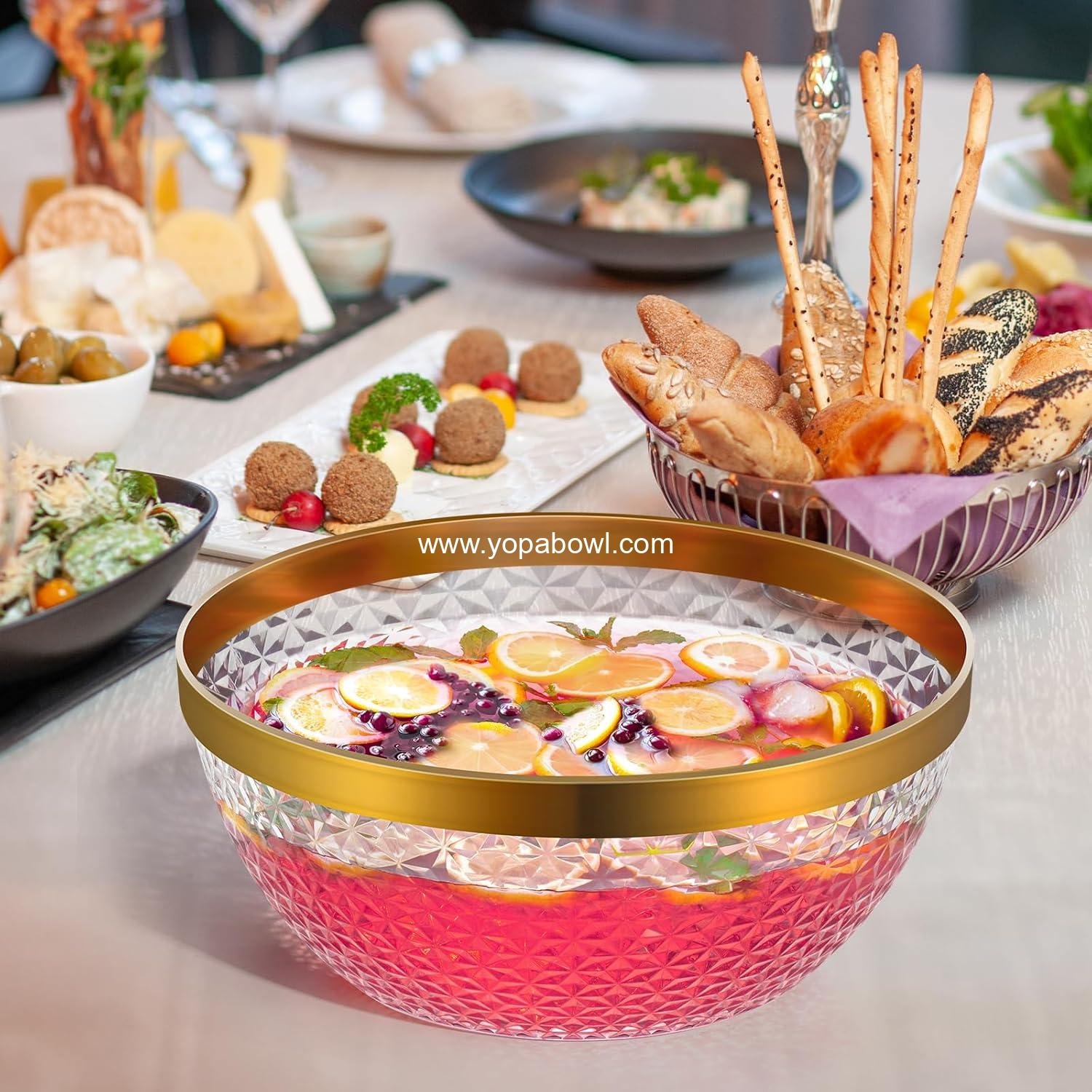 Wholesale Plastic Punch Bowl Set with Ladle and Tong, 1.4 Gallon Gold Trim Clear Beverage Serving Bowl for Cocktails, Salads, and Snacks, Easy to Clean Manufacturer