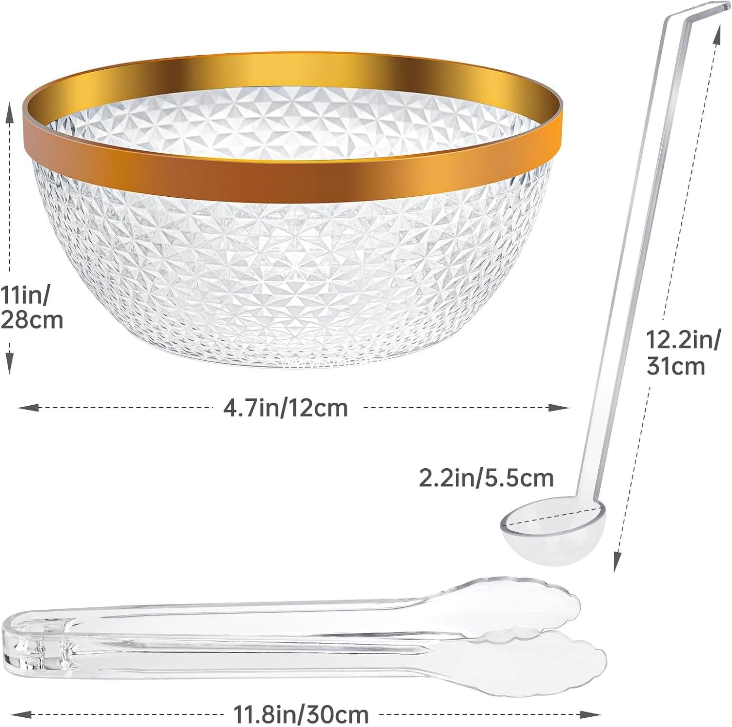 Wholesale Plastic Punch Bowl Set with Ladle and Tong, 1.4 Gallon Gold Trim Clear Beverage Serving Bowl for Cocktails, Salads, and Snacks, Easy to Clean Manufacturer