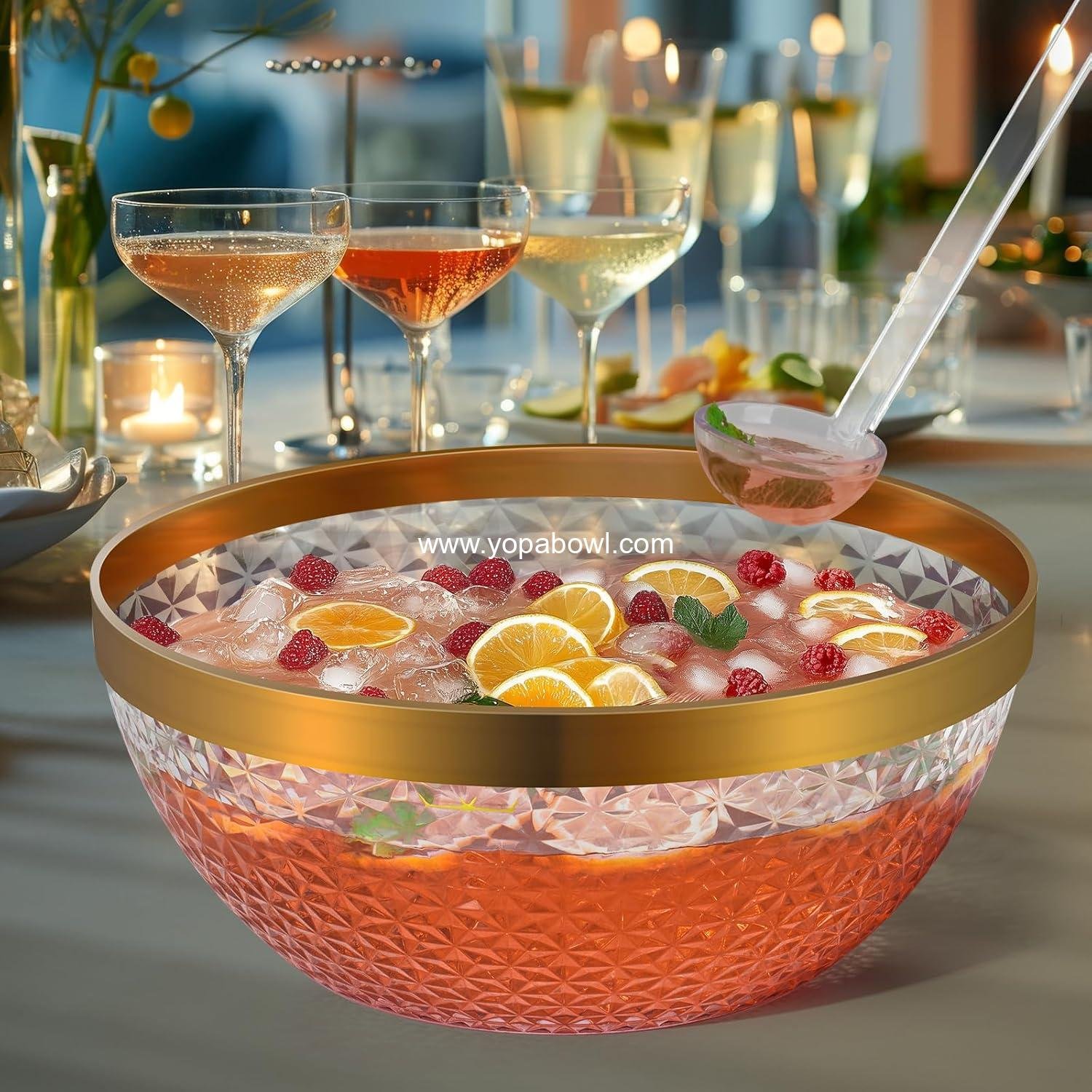Wholesale Plastic Punch Bowl Set with Ladle and Tong, 1.4 Gallon Gold Trim Clear Beverage Serving Bowl for Cocktails, Salads, and Snacks, Easy to Clean Manufacturer