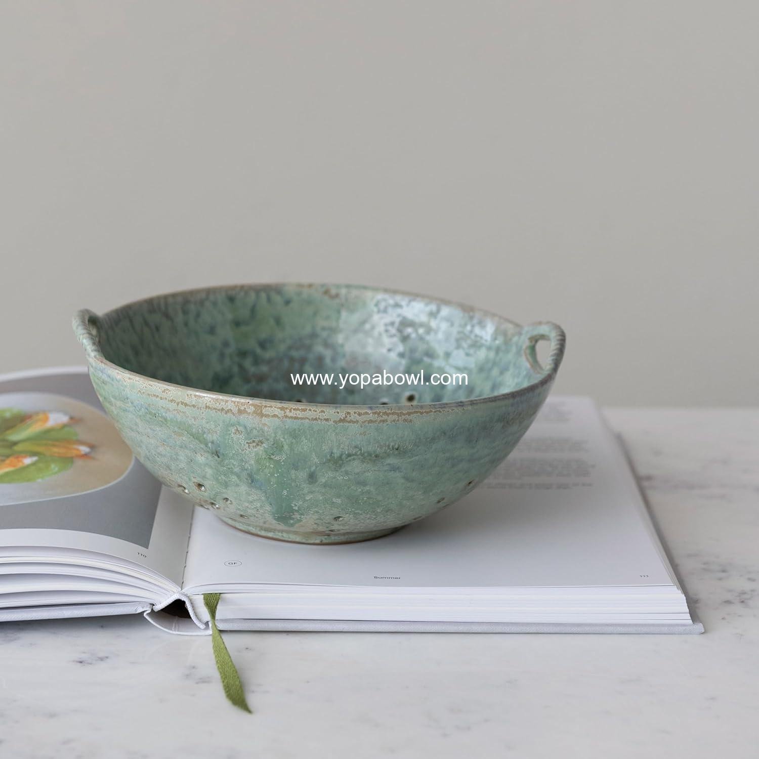 Wholesale Stoneware Berry Bowl with Handles, Aqua Reactive Glaze - Factory